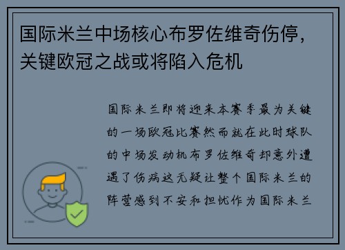 国际米兰中场核心布罗佐维奇伤停，关键欧冠之战或将陷入危机